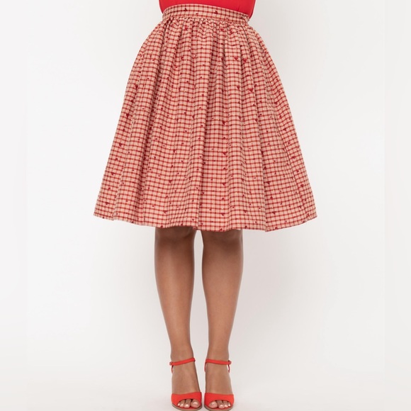 Unique Vintage Dresses & Skirts - Unique Vintage Red Plaid & Hearts Gellar Swing Skirt Sz Large 10/12 NEW***